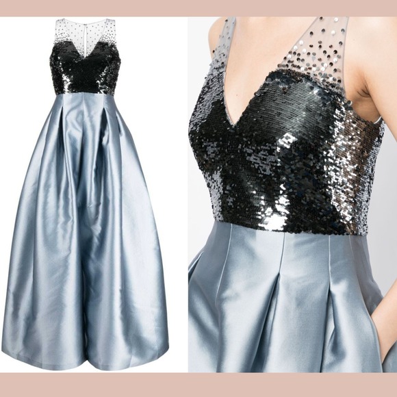 NWT‎ $995 SACHIN & BABI [ 8 ] A Line Sequin Erica Ball Gown Silver Ash Blue - Picture 2 of 13